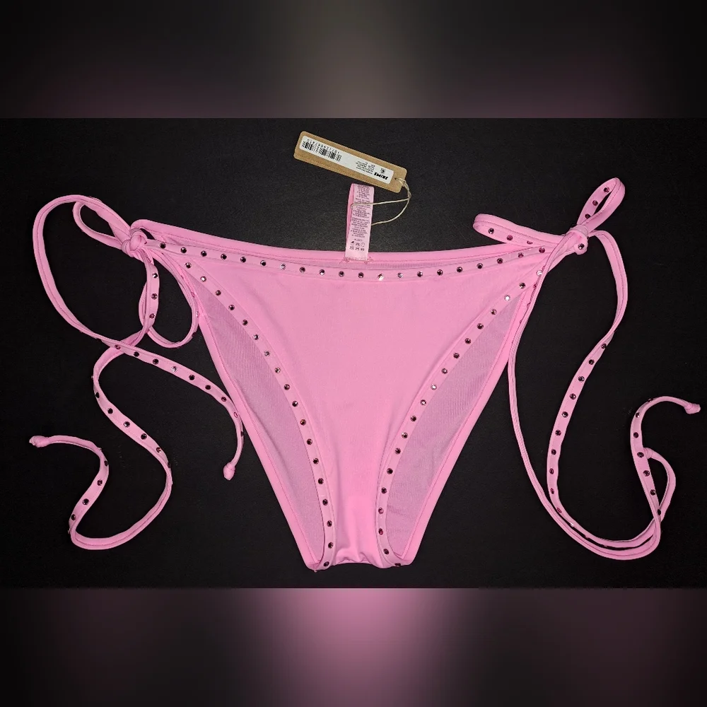 🩷NWT SKIMS Swim Rhinestone Triangle Bikini Top Tie Bottoms Set LIGHT PINK L XL